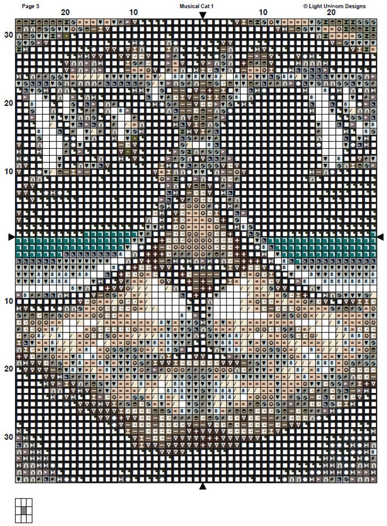 May include: A cross-stitch pattern for a musical cat. The pattern is in black and white with some brown, gray, and teal accents. The pattern is on a white background and is labeled "Musical Cat 1".