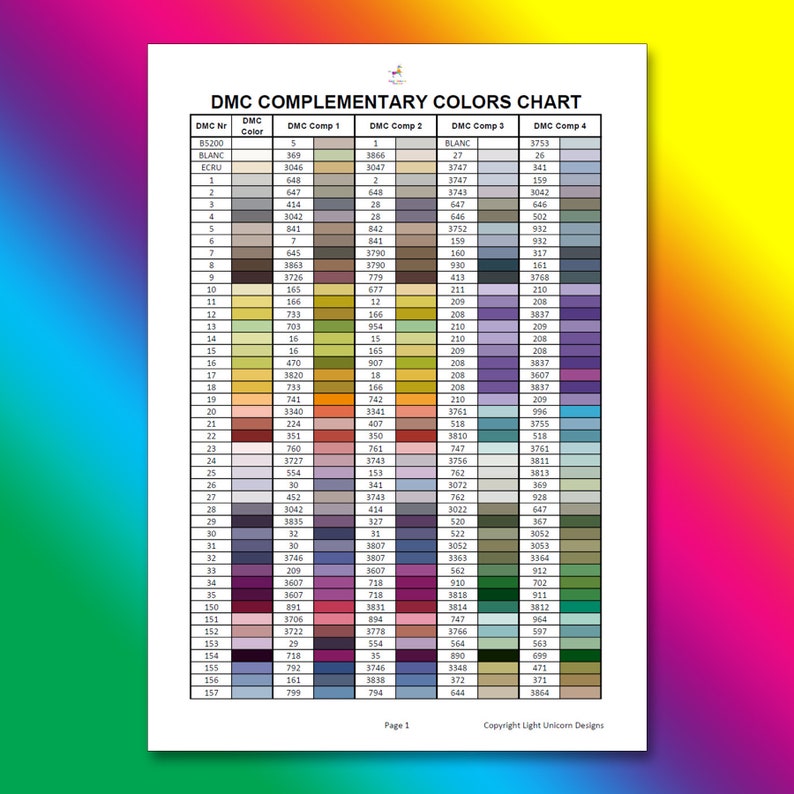 Puede incluir: Una tabla de colores DMC que muestra los colores complementarios para el hilo de bordar. La tabla est&aacute; organizada por n&uacute;mero DMC e incluye el nombre del color, el n&uacute;mero DMC y los colores complementarios.
