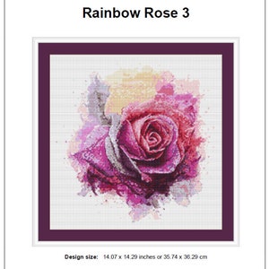 Rainbow Rose Cross Stitch Pattern 3 Instant PDF Download - Single Rose Watercolor Cross Stitch Pattern - Flower Cross Stitch Pattern image 2