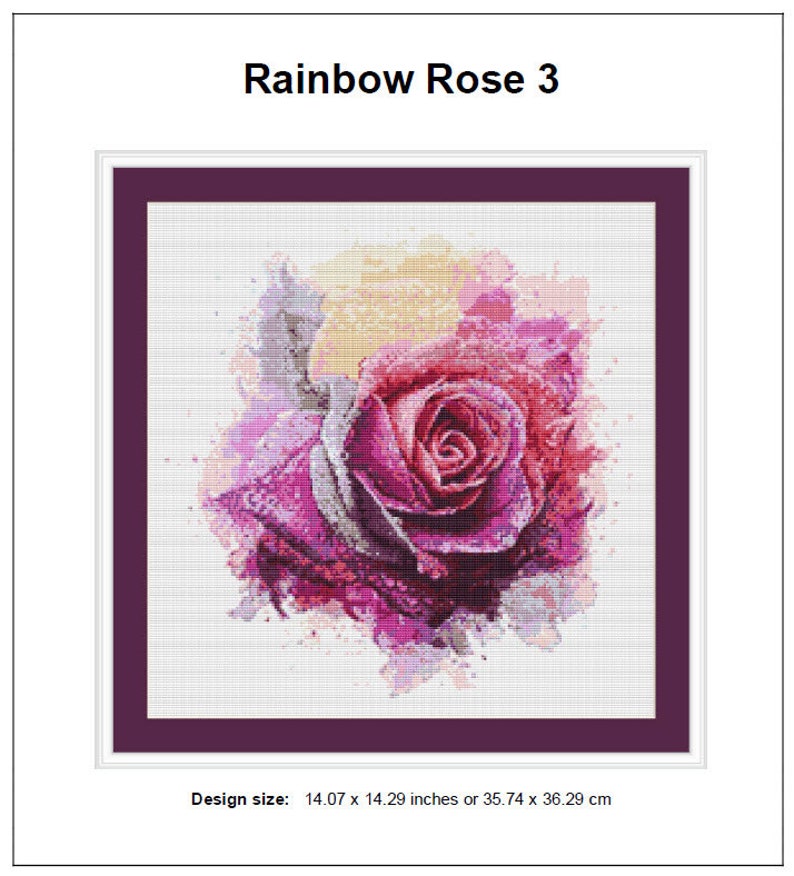 Rainbow Rose Cross Stitch Pattern 3 Instant PDF Download - Single Rose Watercolor Cross Stitch Pattern - Flower Cross Stitch Pattern image 2