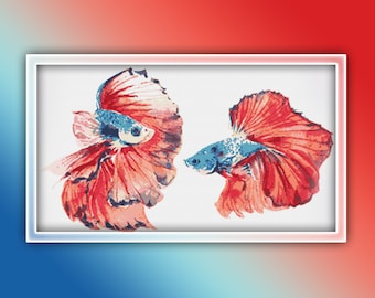 Betta Fish Cross Stitch Pattern 2 Instant PDF Download - Fish Watercolor Cross Stitch Pattern | Siamese Fighting Fish |