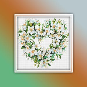 Jasmine Flowers Heart Cross Stitch Pattern 1 Instant PDF Download - Jasmin Watercolor Cross Stitch Pattern - White Flower - Floral