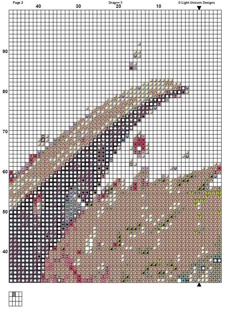 May include: A cross stitch pattern for a dragon with a black, white, gray, brown, red, and pink color scheme. The pattern is on a grid with numbers and letters for reference. The pattern is for a cross stitch project.