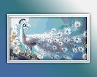 White Peacock Cross Stitch Pattern 1 Instant PDF Download - Peacock Watercolor Cross Stitch Pattern - Bird Cross Stitch Pattern