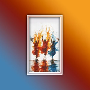 May include: Three figures in colorful clothing dance in a splash of orange, red, and blue paint. The figures are silhouetted against a white background.