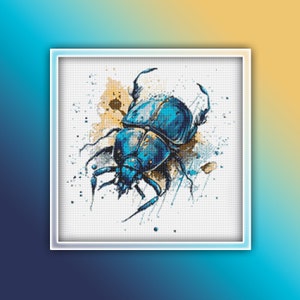 May include: A blue beetle with a detailed illustration style, set against a white background with splashes of yellow paint.
