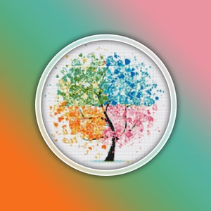 Tree Cross Stitch Pattern 5 Instant PDF Download - Seasons Tree Watercolor Cross Stitch Pattern