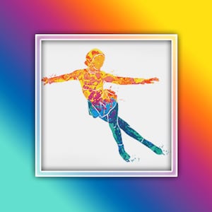May include: A colorful abstract illustration of a figure ice skating. The figure is in mid-air, with one leg extended and the other bent. The figure is painted in shades of red, orange, yellow, green, blue, and purple.