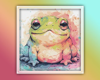 Puede incluir: Una rana de dibujos animados con ojos grandes y una amplia sonrisa, sentada sobre un fondo abstracto colorido. La rana es verde, rosa y amarilla.