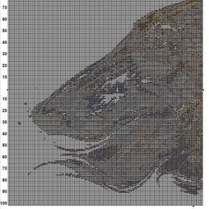 Op de afbeelding: Een pixel art afbeelding van een bruine en grijze vogel met een witte snavel. De vogel kijkt naar de linkerkant van de afbeelding. De afbeelding is gemaakt van kleine vierkanten.