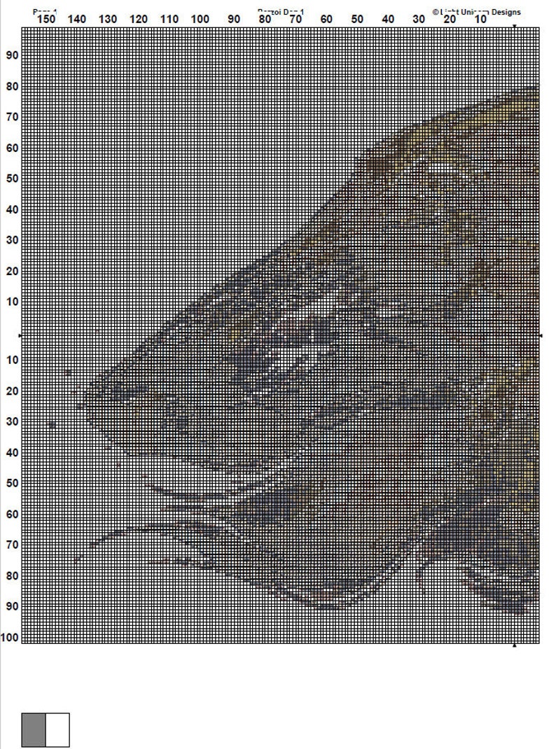 Op de afbeelding: Een pixel art afbeelding van een bruine en grijze vogel met een witte snavel. De vogel kijkt naar de linkerkant van de afbeelding. De afbeelding is gemaakt van kleine vierkanten.