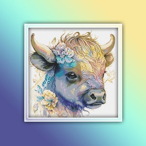 Buffalo Cross Stitch Pattern 10 Instant PDF Download - Watercolor Cross Stitch Pattern - Animal Cross Stitch Pattern - Bison - Baby Buffalo
