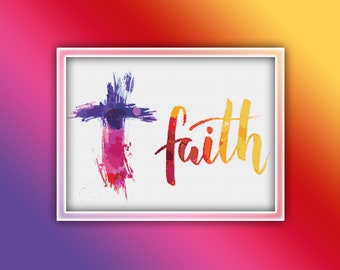Faith Cross Stitch Pattern 1 Instant PDF Download - Christianity Watercolor Cross Stitch Pattern - Cross Cross Stitch Pattern