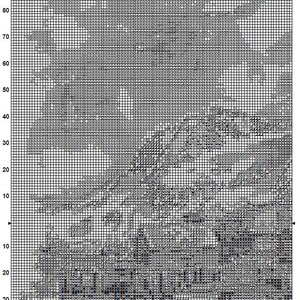 May include: A black and white cross stitch pattern featuring a detailed design of a landscape with mountains, trees, and a river. The pattern is on a grid with numbers along the top and side.