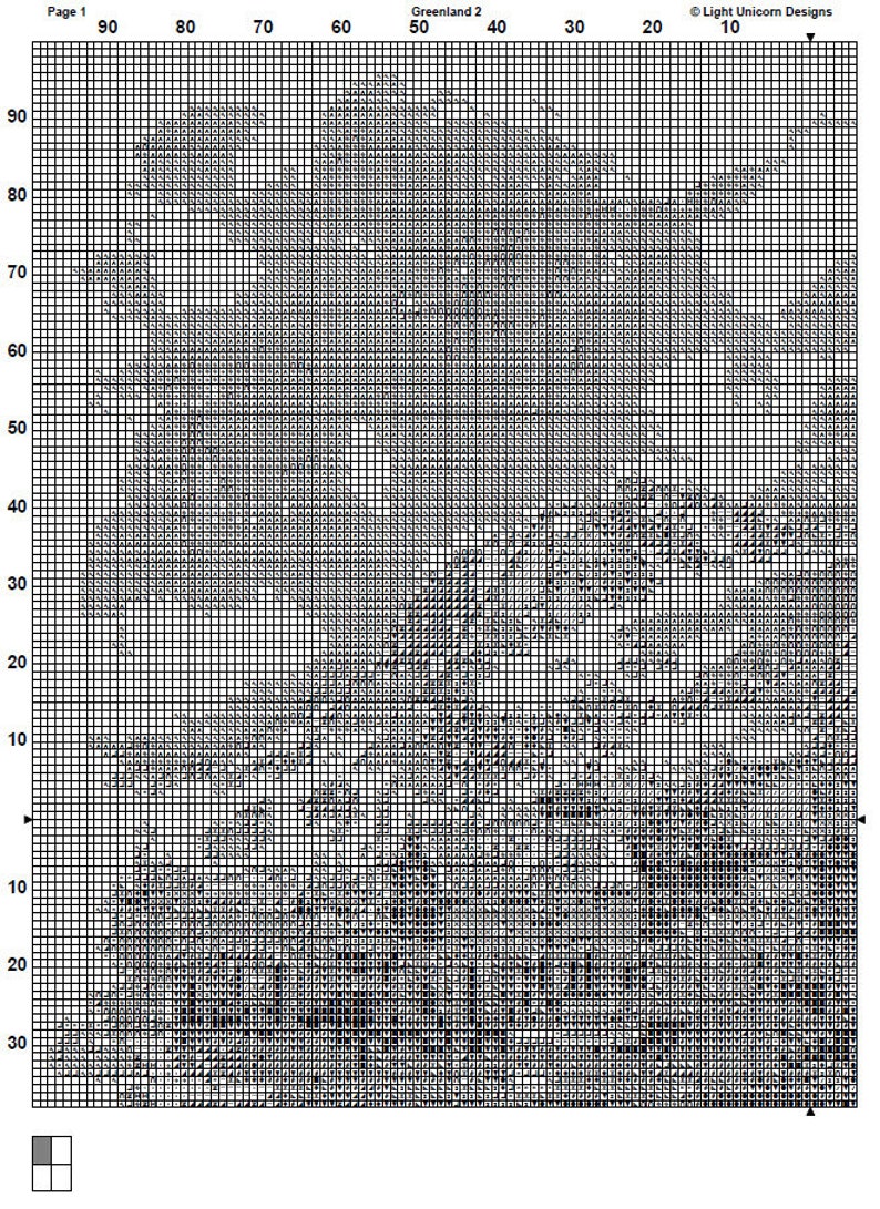 May include: A black and white cross stitch pattern featuring a detailed design of a landscape with mountains, trees, and a river. The pattern is on a grid with numbers along the top and side.