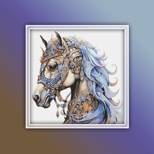 May include: A white horse with a blue and gold ornate headpiece and mane. The horse is wearing a blue and gold patterned armor. The background is white.