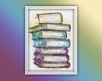 Books Cross Stitch Pattern 1 Instant PDF Download - Book Watercolor Cross Stitch Pattern - Reading Cross Stitch