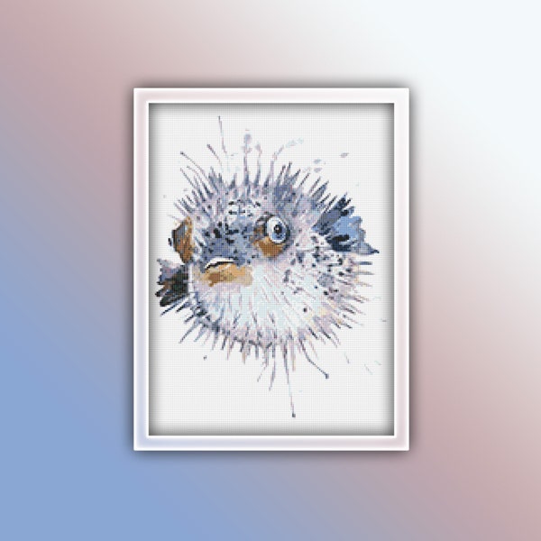 Blowfish Cross Stitch Pattern 1 Instant PDF Download - Porcupinefish Watercolor Cross Stitch Pattern - Fish Cross Stitch Pattern