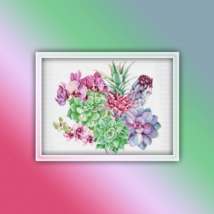 Succulents Cross Stitch Pattern 3 Instant PDF Download - Succulents Watercolor Cross Stitch Pattern