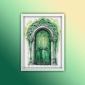 May include: A green ornate door with intricate carvings and a decorative archway. The door is set against a white background with a watercolor effect.