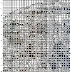 Op de afbeelding: Zwart-wit pixel art kruissteekpatroon van een Russische windhond. Het patroon bevindt zich op een raster met nummers aan de bovenkant en zijkant.