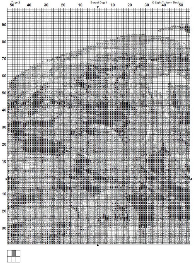Op de afbeelding: Zwart-wit pixel art kruissteekpatroon van een Russische windhond. Het patroon bevindt zich op een raster met nummers aan de bovenkant en zijkant.