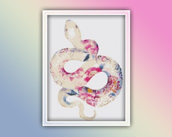 Snake Cross Stitch Pattern 2 Instant PDF Download - White Floral Snake Watercolor Cross Stitch Pattern - Reptile Cross Stitch Pattern
