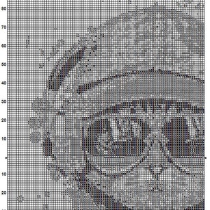 May include: Black and white pixel art cross stitch pattern of a cat playing a musical instrument. The pattern is on a grid with numbers for easy counting.