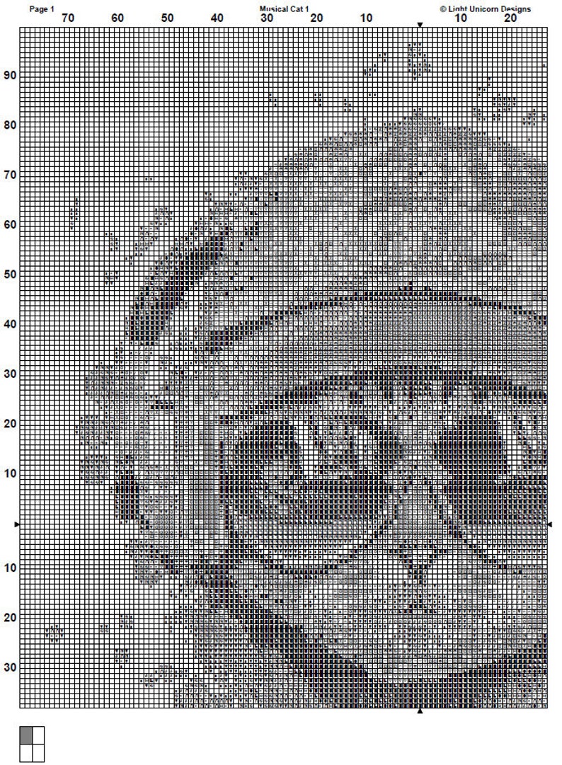May include: Black and white pixel art cross stitch pattern of a cat playing a musical instrument. The pattern is on a grid with numbers for easy counting.