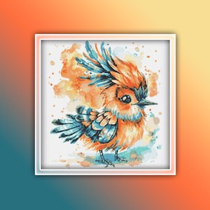 May include: A watercolor painting of a small, orange and blue bird with a large, feathery crest. The bird is standing on a light blue and orange background.