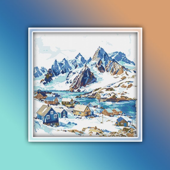 Greenland Cross Stitch Pattern 1 Instant PDF Download - Greenland Landscape Snow Mountains Cold Ocean Watercolor Cross Stitch Pattern