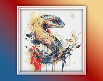 Snake Cross Stitch Pattern 1 Instant PDF Download - Snake Watercolor Cross Stitch Pattern - Reptile Cross Stitch Pattern