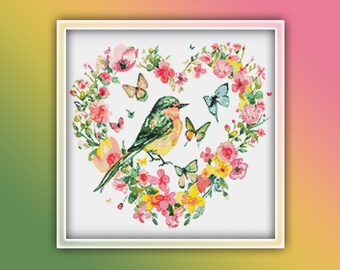 Bird Heart Cross Stitch Pattern 4 Instant PDF Download - Blue Bird Watercolor Cross Stitch Pattern - Bird Cross Stitch Pattern
