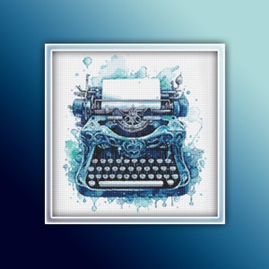 Typewriter Cross Stitch Pattern 2 Instant PDF Download - Blue Typewriter Watercolor Cross Stitch Pattern - Writing a Book or a Novel