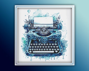 Typewriter Cross Stitch Pattern 2 Instant PDF Download - Blue Typewriter Watercolor Cross Stitch Pattern - Writing a Book or a Novel