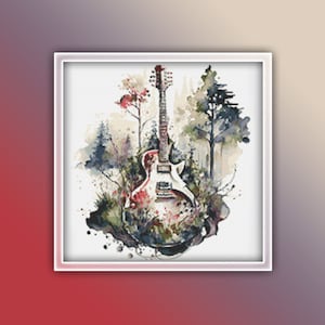 Gibson Guitar Cross Stitch Pattern Instant PDF Download - Colorful and White Electric Guitar Watercolor Cross Stitch Pattern - Watercolor
