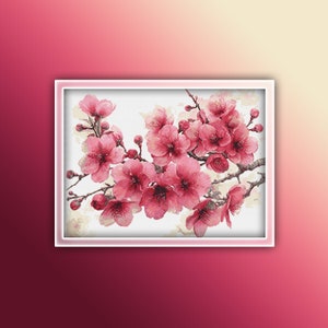 桜の花のクロスステッチパターン 1 インスタント PDF ダウンロード - 花の水彩画のクロスステッチパターン - ピンクの花のクロスステッチ