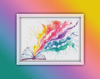 Book Cross Stitch Pattern 6 Instant PDF Download - Reading Watercolor Cross Stitch Pattern