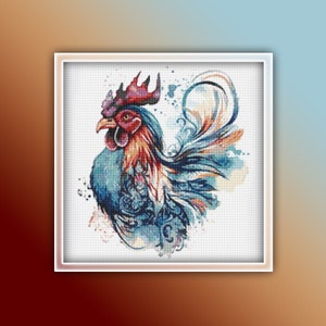 Rooster Cross Stitch Pattern 5 Instant PDF Download - Chicken Watercolor Cross Stitch Pattern - Bird Cross Stitch