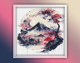 May include: A watercolor painting of a mountain landscape with a full moon and cherry blossoms. The mountain is in the background and the cherry blossoms are in the foreground. The painting is done in shades of blue, pink, and white.