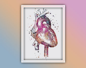 Anatomy Cross Stitch Pattern 6 Instant PDF Download - Heart Watercolor Cross Stitch Pattern