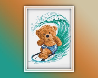 Surfing Teddy Bear Cross Stitch Pattern Instant PDF Download | Catching a Wave Watercolor Cross Stitch Pattern | Surfer