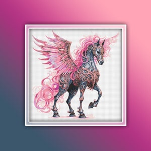 May include: A cross-stitch design of a pegasus with pink wings and mane. The horse is dark gray with ornate gold and copper-colored detailing. The background is a gradient of pink and blue.