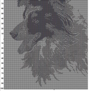 Op de afbeelding: Zwart-wit pixel art patroon van een Border Collie hond. De afbeelding is een raster van 100 vierkanten bij 100 vierkanten.