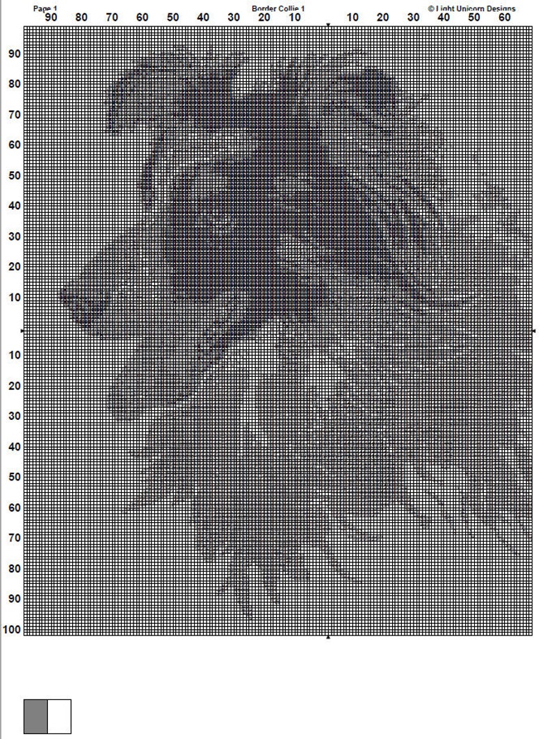 Op de afbeelding: Zwart-wit pixel art patroon van een Border Collie hond. De afbeelding is een raster van 100 vierkanten bij 100 vierkanten.