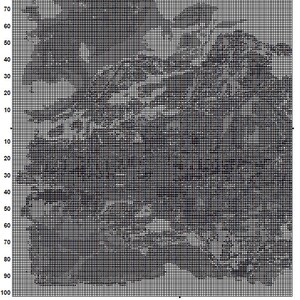 May include: Black and white pixel art pattern of a landscape with mountains and water. The pattern is on a grid with numbers along the top and side. The text "Greenland 2" is at the top of the grid.
