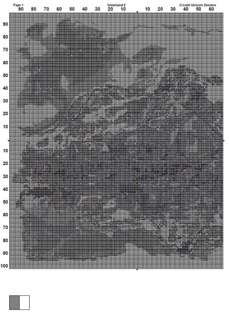 May include: Black and white pixel art pattern of a landscape with mountains and water. The pattern is on a grid with numbers along the top and side. The text "Greenland 2" is at the top of the grid.
