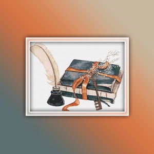 Book and Quill Cross Stitch Pattern 1 Instant PDF Download - Book Watercolor Cross Stitch Pattern - Reading Cross Stitch