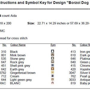 Op de afbeelding: Een kruissteekpatroontekening voor een Borzoi-hondontwerp. De tekening bevat een symbooltabel met DMC-garenkleuren en -nummers, samen met de stoftelling, de steektelling en de afgewerkte maat in inches en centimeters.