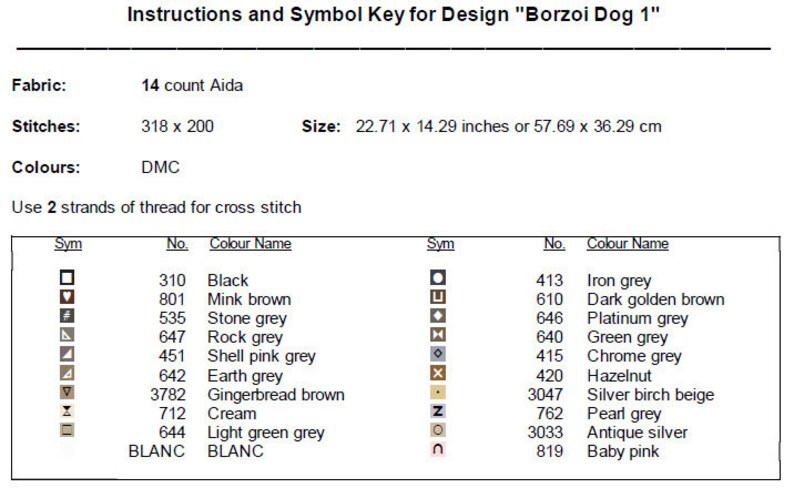 Op de afbeelding: Een kruissteekpatroontekening voor een Borzoi-hondontwerp. De tekening bevat een symbooltabel met DMC-garenkleuren en -nummers, samen met de stoftelling, de steektelling en de afgewerkte maat in inches en centimeters.